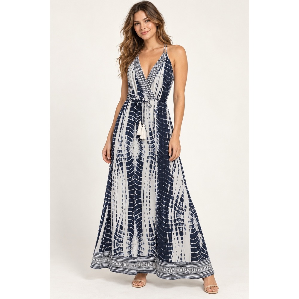 Venus Navy Blue White Tie Dye Tassel Maxi Dress Bohemian V-Neck Gown